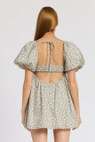 Squared Neck Ruched Mini Dress With Puff Sleeves