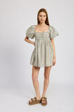 Squared Neck Ruched Mini Dress With Puff Sleeves