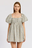 Squared Neck Ruched Mini Dress With Puff Sleeves