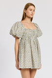 Squared Neck Ruched Mini Dress With Puff Sleeves