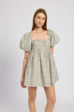 Squared Neck Ruched Mini Dress With Puff Sleeves