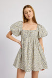 Squared Neck Ruched Mini Dress With Puff Sleeves