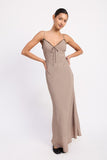 BIAS CUT FLARED MAXI DRESS WITH LACE TRIM
