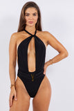 One Piece Bathing Suit Deep Open With Belt On Waist