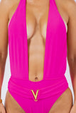One Piece Bathing Suit Deep Open With Belt On Waist