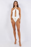 One Piece Bathing Suit Deep Open With Belt On Waist